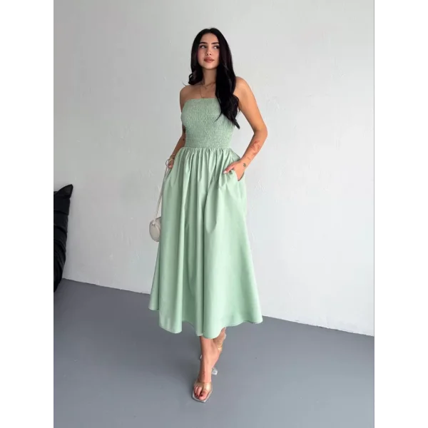 Straplez Pileli Elbise - Su Yeşili