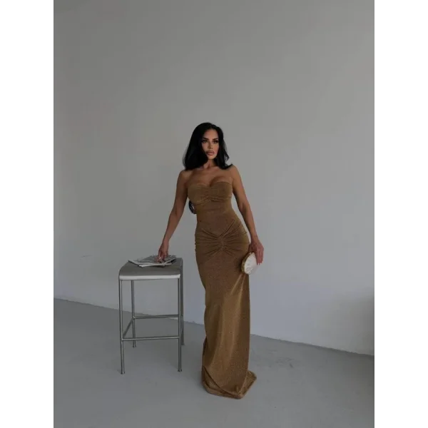 Straplez Simli Uzun Elbise