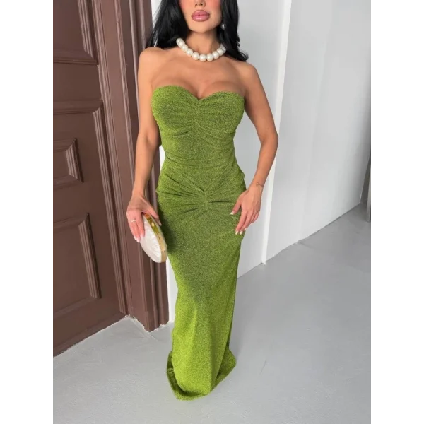 Straplez Simli Uzun Elbise