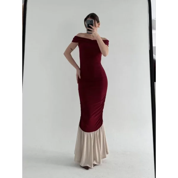 Striptiz Omuzlu Uzun Elbise- Bordo