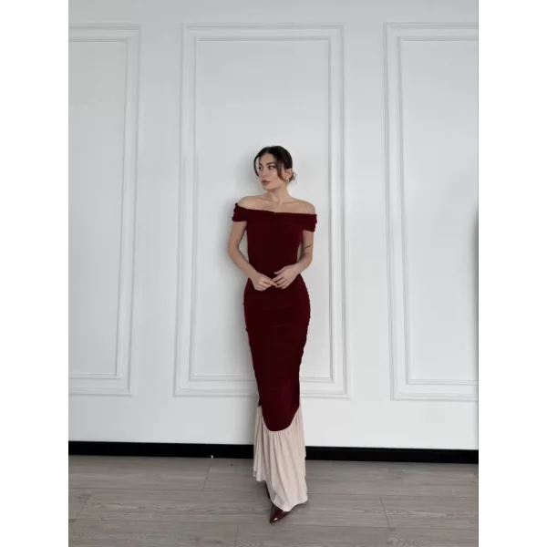 Striptiz Omuzlu Uzun Elbise- Bordo