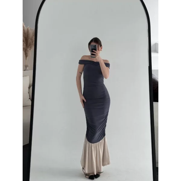 Striptiz Omuzlu Uzun Elbise- Füme