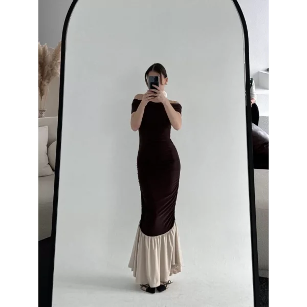 Striptiz Omuzlu Uzun Elbise- Kahve