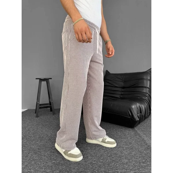 Su Yolu Çizgili Cepli Pantalon Yazlık - Kahverengi