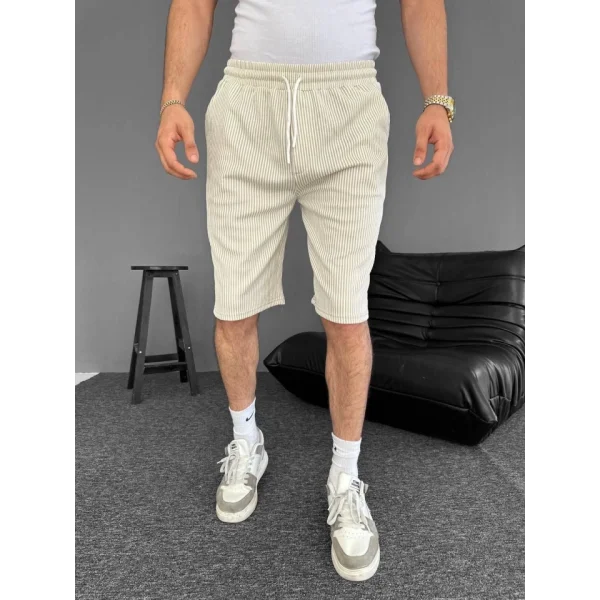 Su Yolu Çizgili Cepli Şort- Bej