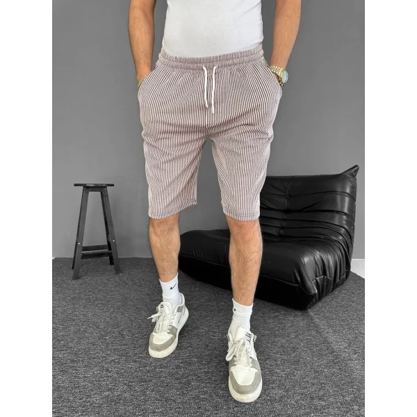 Su Yolu Çizgili Cepli Şort Yazlık - Kahverengi