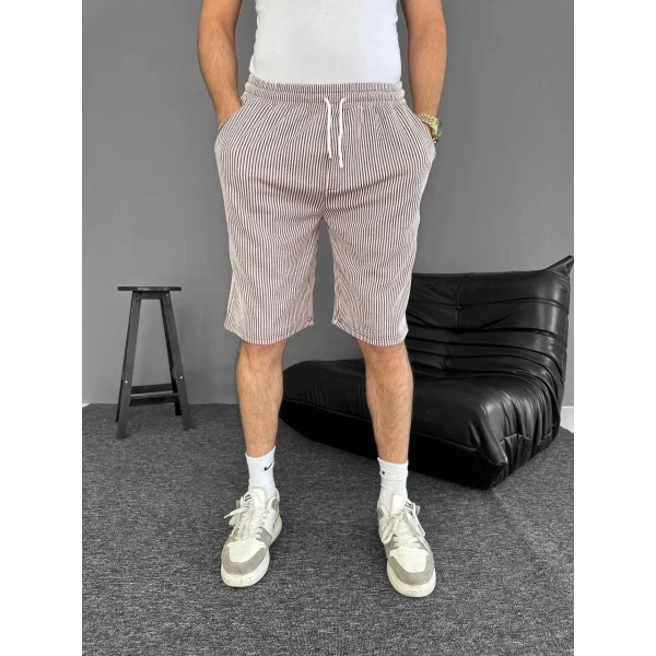 Su Yolu Çizgili Cepli Şort Yazlık - Kahverengi