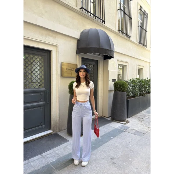 Su Yolu Çizgili Kolay Kombinle Ne Bilir Cepli Pantolon - Açık Mavi