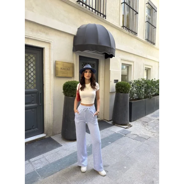 Su Yolu Çizgili kolay Kombinle Ne Bilir Cepli Pantolon - Açık Mavi