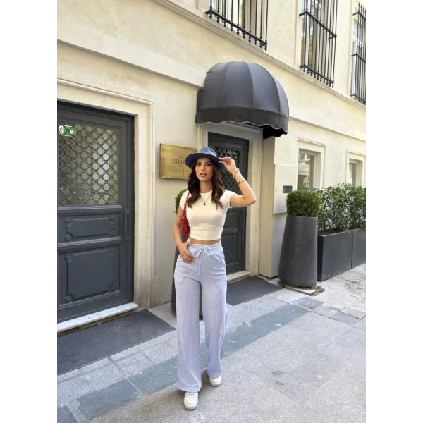 Su Yolu Çizgili kolay Kombinle Ne Bilir Cepli Pantolon - Açık Mavi