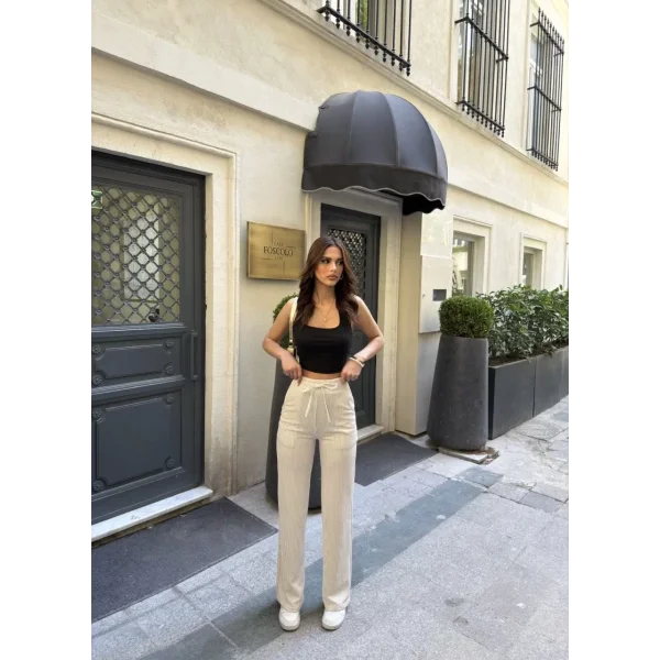 Su Yolu Çizgili kolay Kombinle Ne Bilir Cepli Pantolon - Bej