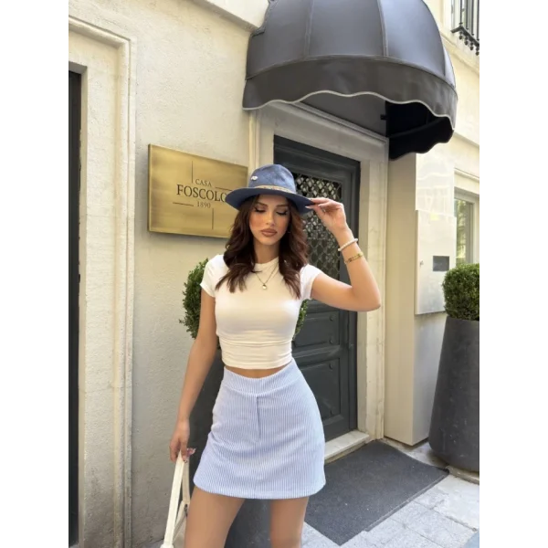 Su Yolu Çizgili Kolay Kombinle Ne Bilir Mini Boy Etek - Açık Mavi