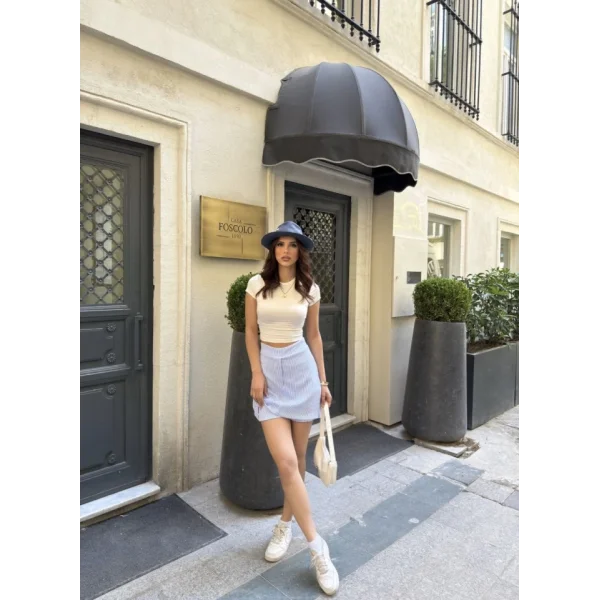 Su Yolu Çizgili Kolay Kombinle Ne Bilir Mini Boy Etek - Açık Mavi