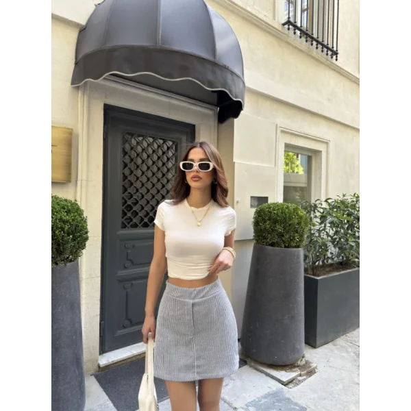 Su Yolu Çizgili Kolay Kombinle Ne Bilir Mini Boy Etek - Füme