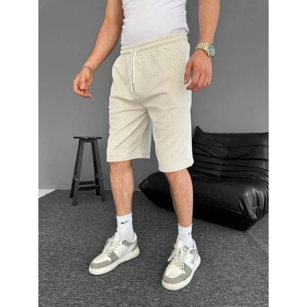 Su Yolu Çizgili Ön Arka Cepli Şort Yazlık Nefes Alabilir - Bej