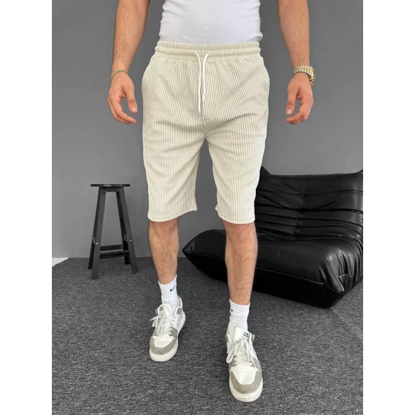 Su Yolu Çizgili Ön Arka Cepli Şort Yazlık Nefes Alabilir - Bej