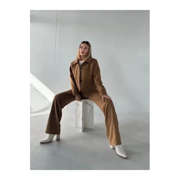 Süet Ceket Palazzo Pantolon İkili Takım - Kahve