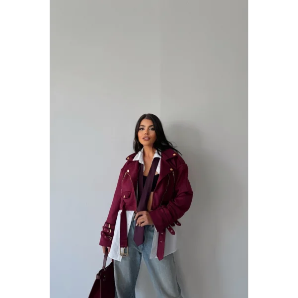 SÜET CROP CEKET KOL 3 KEMER DETAYLI - Bordo