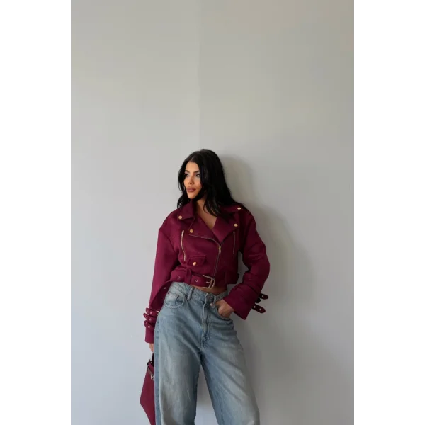 SÜET CROP CEKET KOL 3 KEMER DETAYLI - Bordo