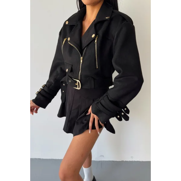 SÜET CROP CEKET KOL 3 KEMER DETAYLI - Siyah