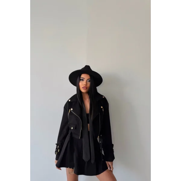 SÜET CROP CEKET KOL 3 KEMER DETAYLI - Siyah