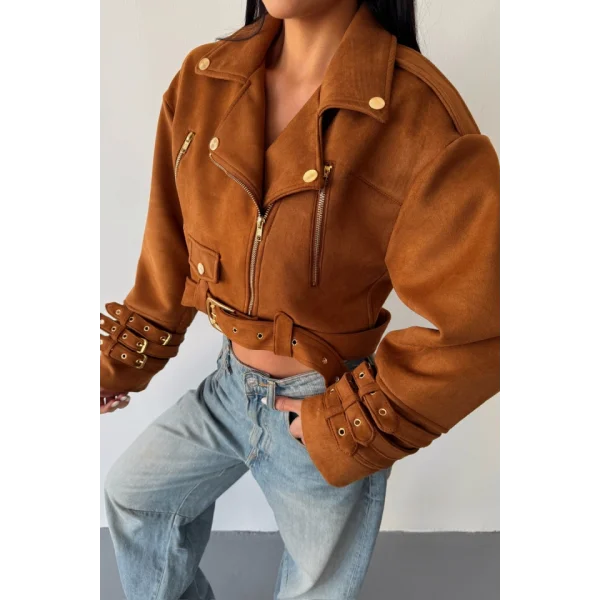 SÜET CROP CEKET KOL 3 KEMER DETAYLI - Taba