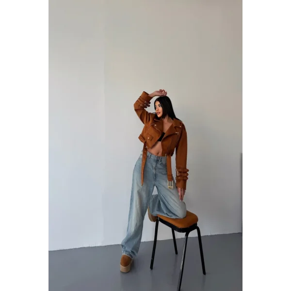 SÜET CROP CEKET KOL 3 KEMER DETAYLI - Taba