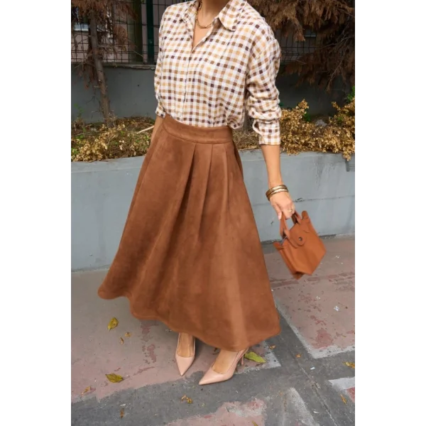 Süet Düz Etek - Taba