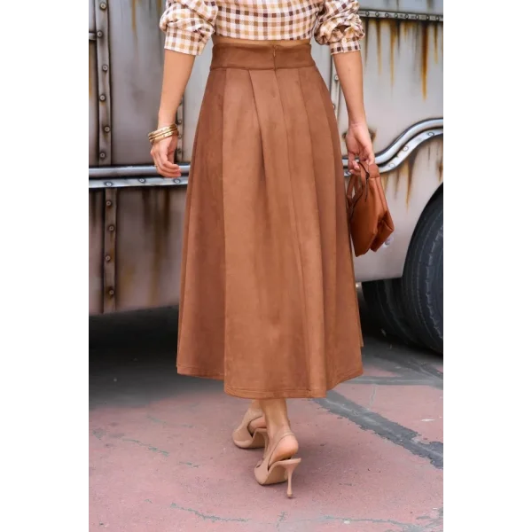 Süet Düz Etek - Taba