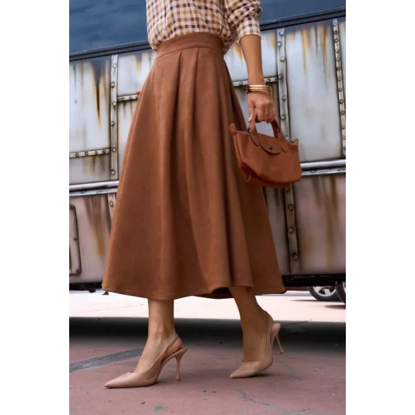 Süet Düz Etek - Taba