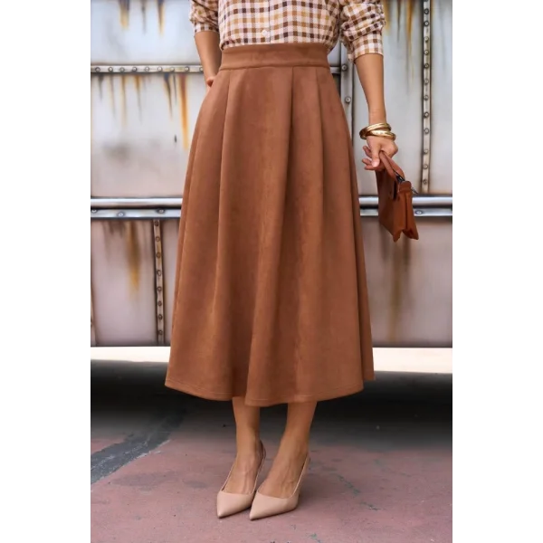 Süet Düz Etek - Taba