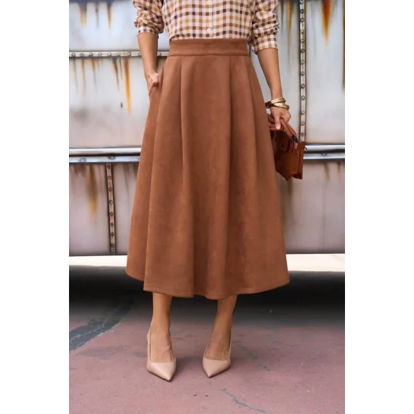 Süet Düz Etek - Taba