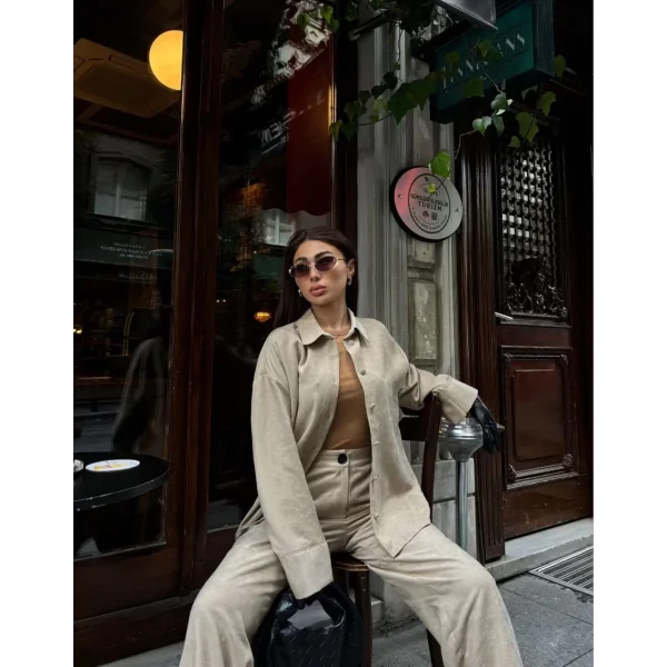 Süet Gömlek Palazzo Pantolon İkili Takım - Bej