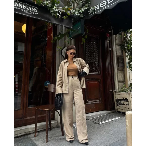 Süet Gömlek Palazzo Pantolon İkili Takım - Bej