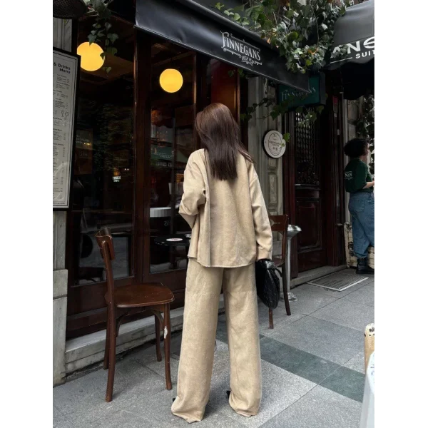 Süet Gömlek Palazzo Pantolon İkili Takım - Bej