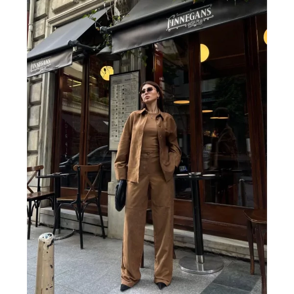 Süet Gömlek Palazzo Pantolon İkili Takım - Kahve