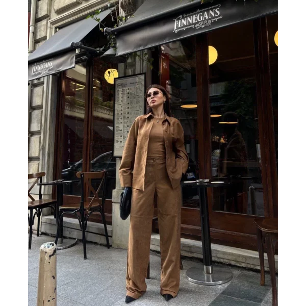 Süet Gömlek Palazzo Pantolon İkili Takım - Kahve