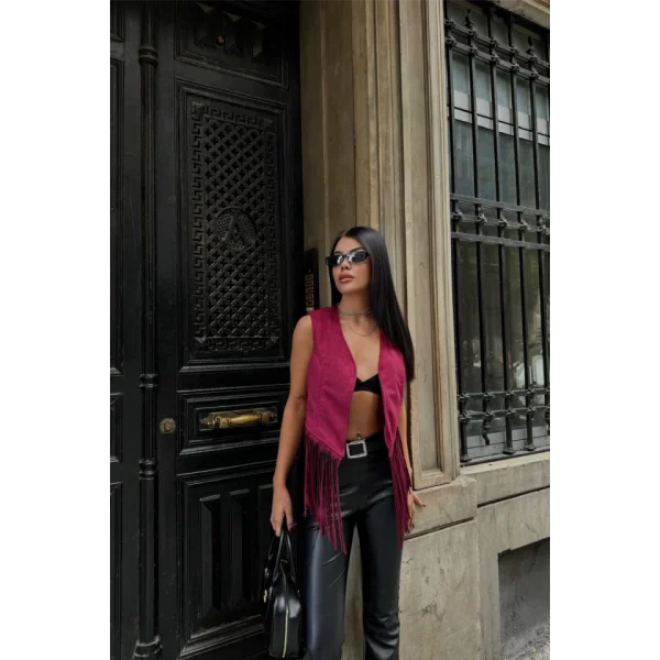 SÜET PÜSKÜLLÜ YELEK  Bordo