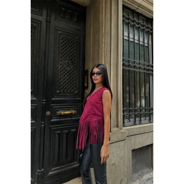 SÜET PÜSKÜLLÜ YELEK  Bordo