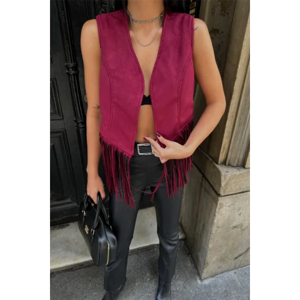 SÜET PÜSKÜLLÜ YELEK  Bordo