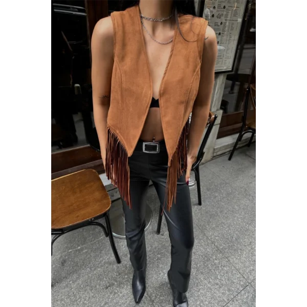 SÜET PÜSKÜLLÜ YELEK  Kahverengi