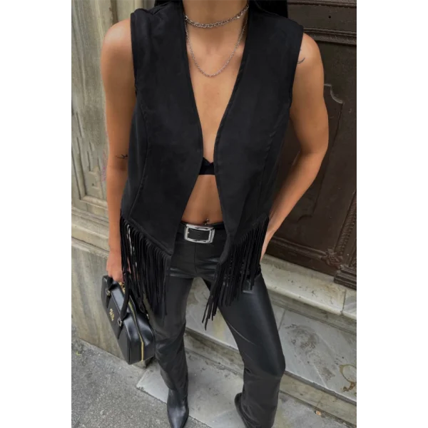 SÜET PÜSKÜLLÜ YELEK  Siyah