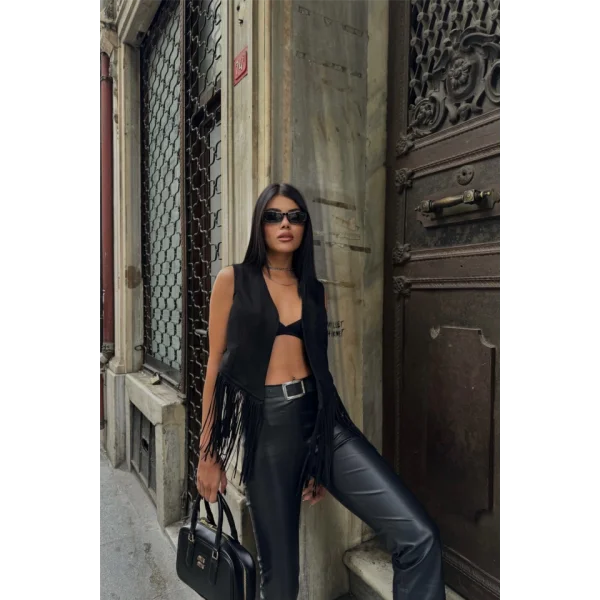 SÜET PÜSKÜLLÜ YELEK  Siyah