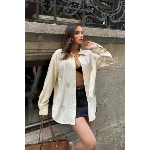 Sunshine Taş Detaylı Keten Gömlek 3393-08