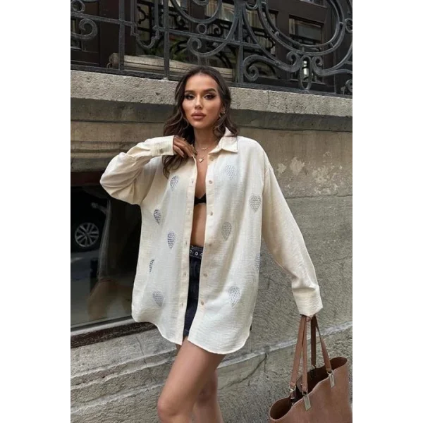 Sunshine Taş Detaylı Keten Gömlek 3393-08