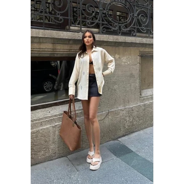 Sunshine Taş Detaylı Keten Gömlek 3393-08