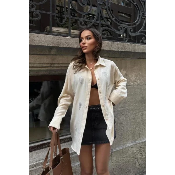 Sunshine Taş Detaylı Keten Gömlek 3393-08