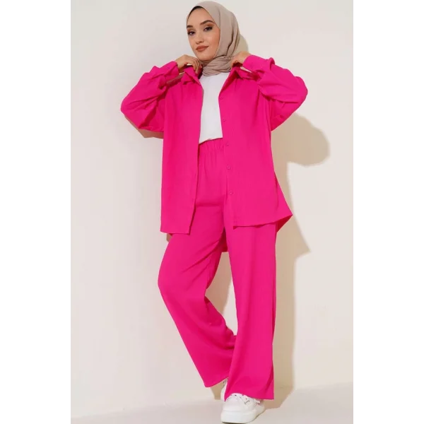 T5858 Örme Tesettür İkili Takım - Fuşya
