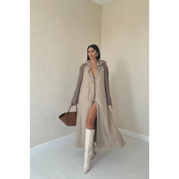 Taba Kapüşonlu Uzun Trençkot