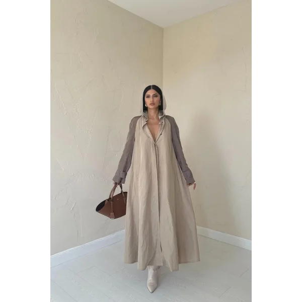 Taba Kapüşonlu Uzun Trençkot